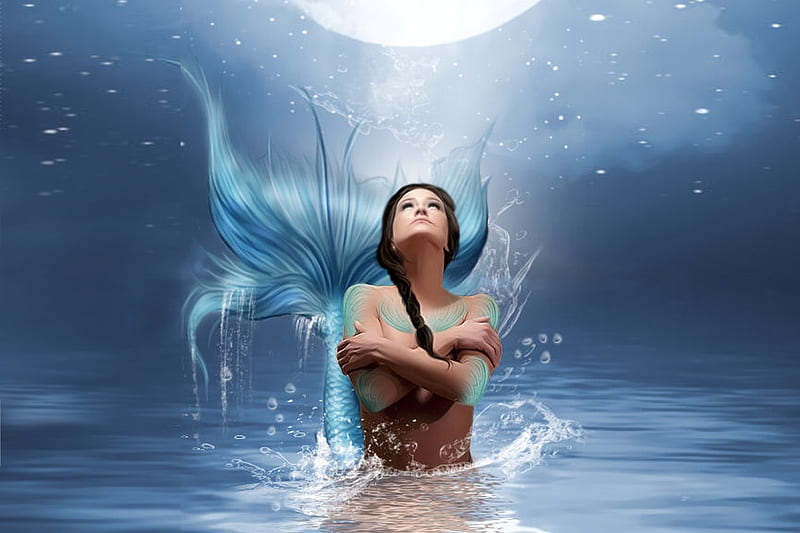 Mermaid Basking in The Moon, Pretty, dreamy, lovely, Mermaid, ocean, bonito, sea, Water, moon, magical, moonlight, HD wallpaper