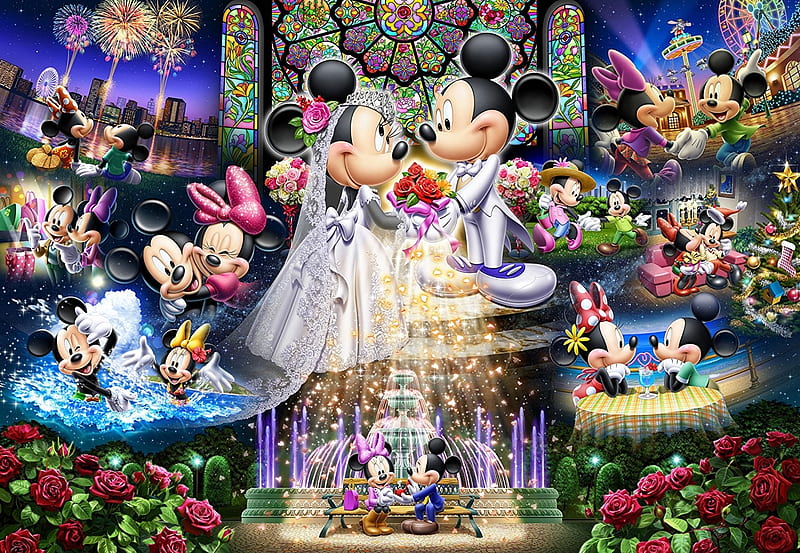:), cute, fantasy, luminos, bride, mickey mouse, wedding, minnie, disney, HD wallpaper