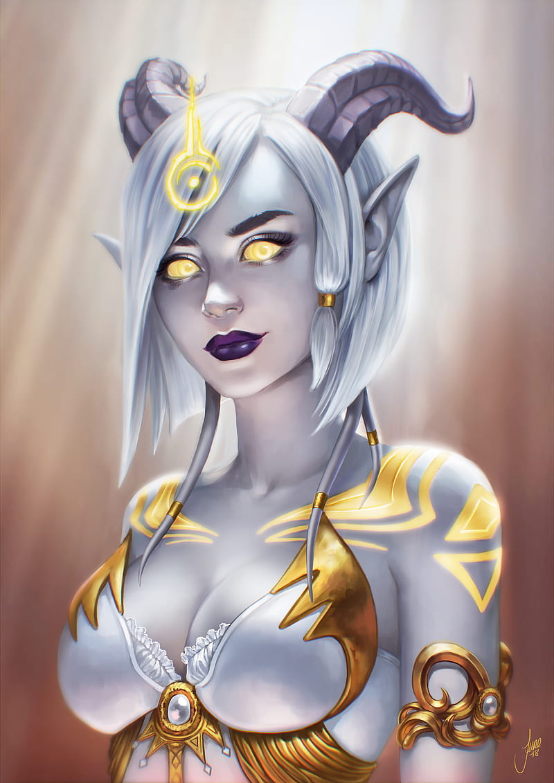 draenei, World of Warcraft, fantasy girl, glowing eyes, horns, PC gaming, fantasy art, yellow eyes, HD phone wallpaper