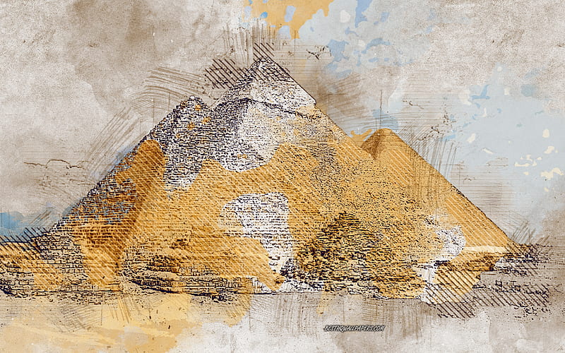 Pyramids of Giza, Egypt, grunge art, creative art, painted Pyramids of Giza, drawing, grunge Giza, digital art, Pyramids, HD wallpaper