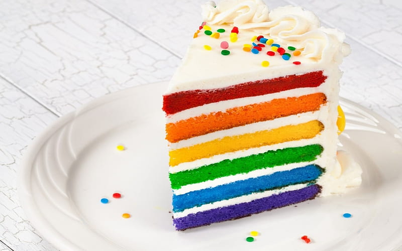 Slice of cake, cake, colorful, food, slice, rainbow, birtay, dessert, sweet, HD wallpaper