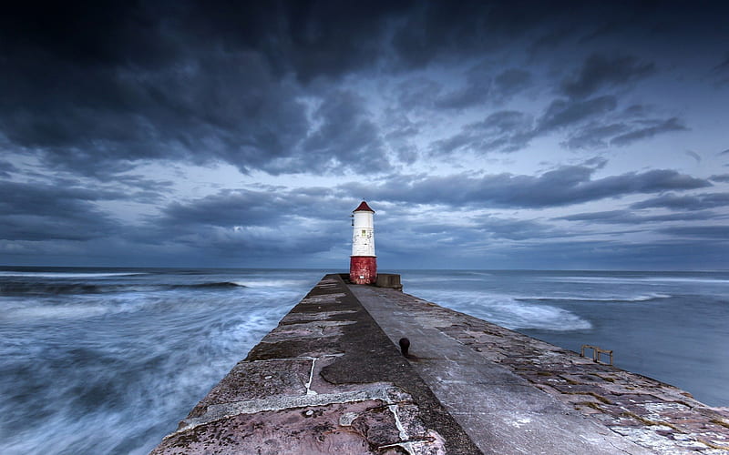 lighthouse at the end of a stone pier, clouds, sea, lighthouse, pier, HD wallpaper