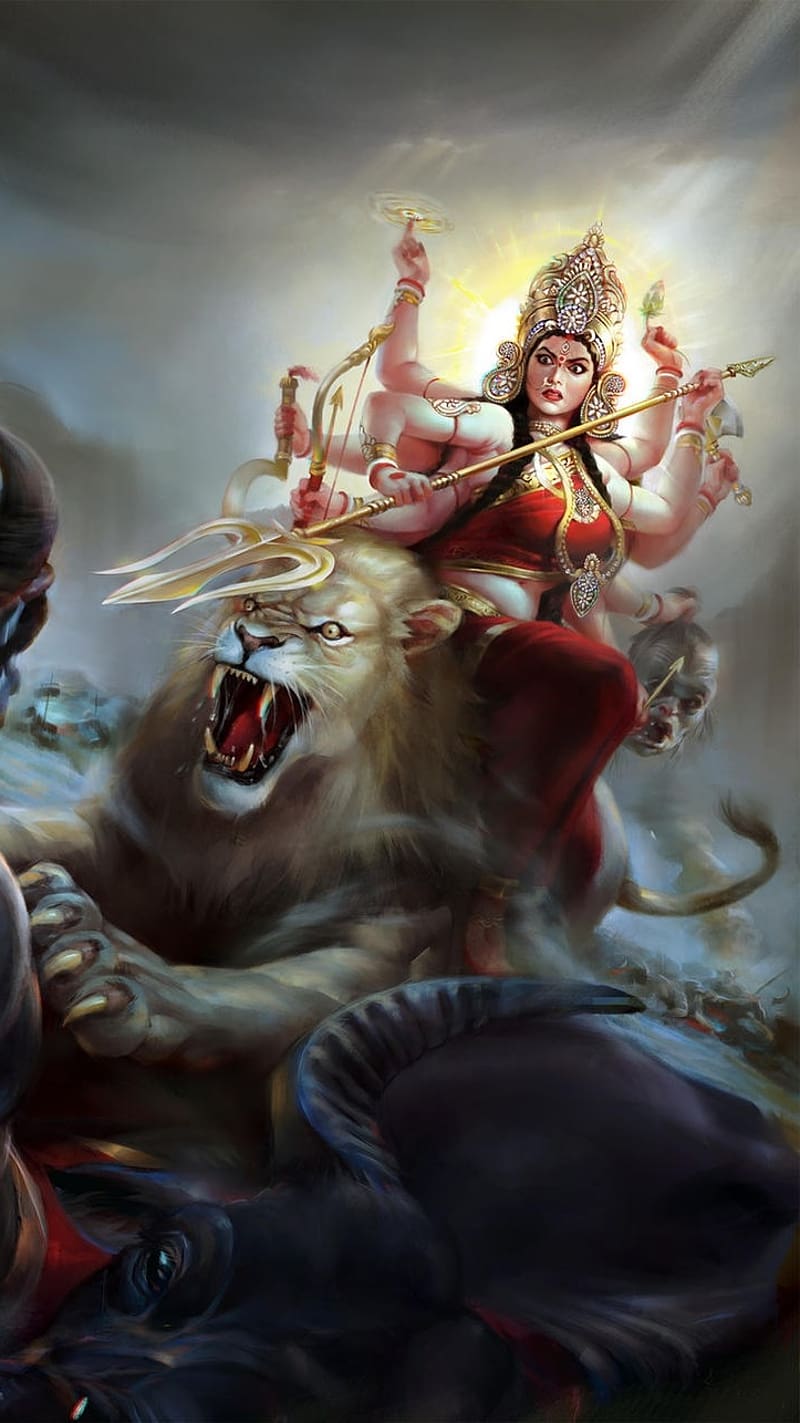 Durga Ji Ki , Animation, goddess, angry lion, durga maa, HD phone wallpaper
