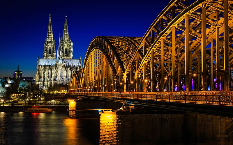 Cologne Cathedral Night Bridge Rhine River Germany, HD wallpaper