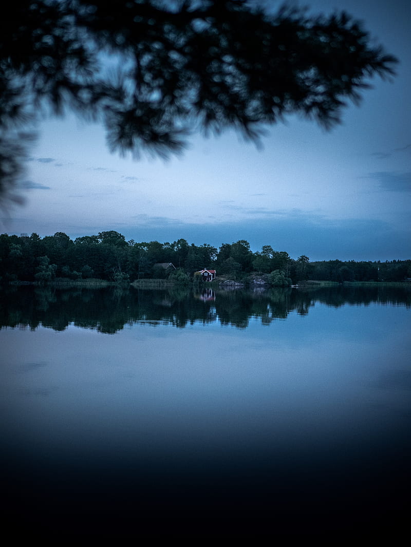 lake, shore, trees, house, landscape, HD phone wallpaper