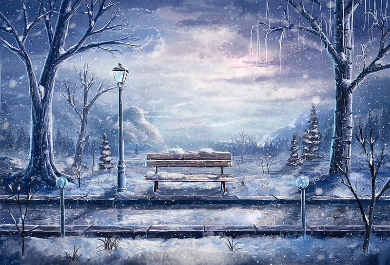 Winter Season, park, snow, winter, lamp, post, bench, HD wallpaper