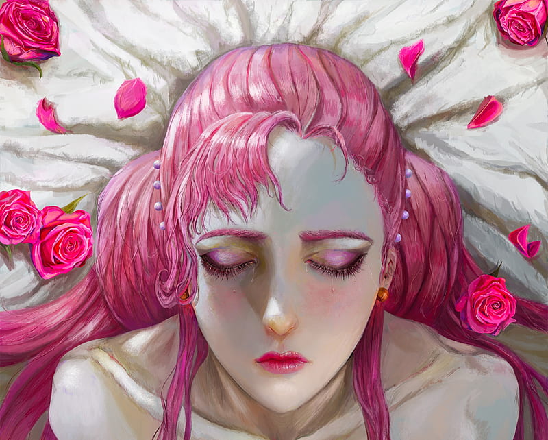 Sleeping Beauty, art, rose, luminos, superb, trandafir, fantasy, euphemia li britannia, girl, flower, face, pink, evil inspiration, white, gorgeous, HD wallpaper