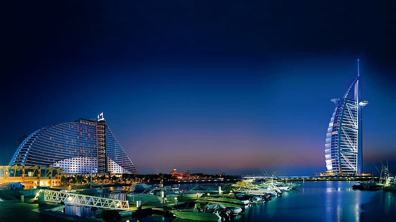 Night, City, Building, Dubai, Boat, Harbor, United Arab Emirates, Burj Al Arab, HD wallpaper