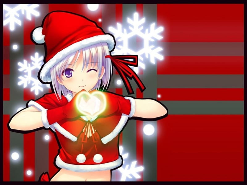 Bright Heart, red, pretty, glow, sparks, bonito, sweet, nice, anime, love, hot, beauty, anime girl, light, female, lovely, christmas, ribbon, sexy, cute, flakes, girl, merry christmas, snow, heart, wink, lady, snlwflakes, maiden, HD wallpaper