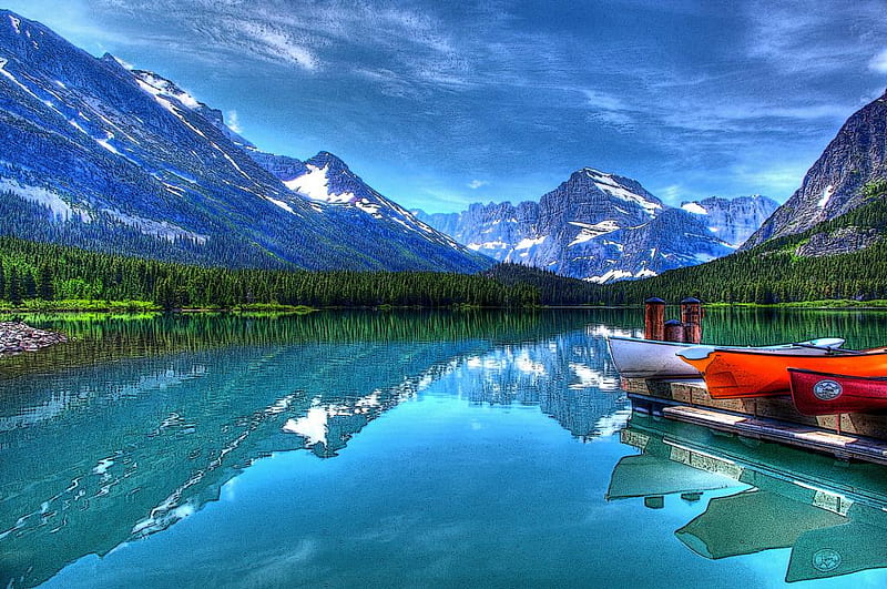 Boat Dock at Montana, mountains, montana, reflections, boat dock, blue, HD wallpaper