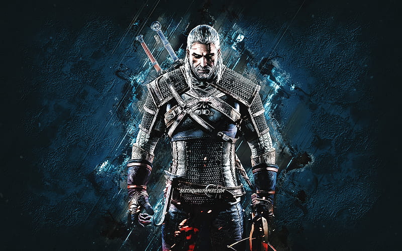 Geralt of Rivia, The Witcher, blue stone background, creative art, The Witcher characters, HD wallpaper