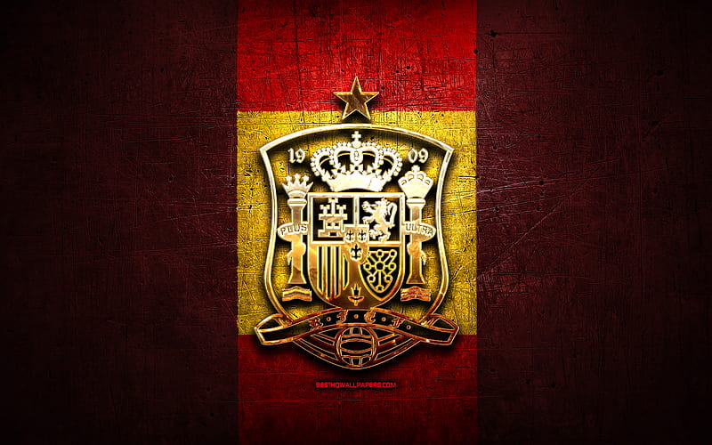 Spain National Football Team, golden logo, Europe, UEFA, red metal background, Spanish football team, soccer, RSFF logo, football, Spain, HD wallpaper