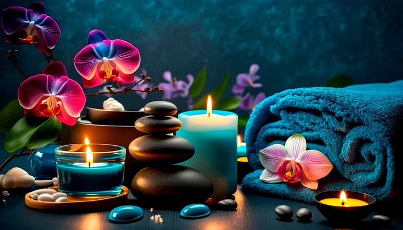 Spa set, Green, Leaves, Candles, Towels, Flowers, HD wallpaper