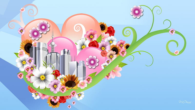Urban Garden, flowers, buildings, spring, abstract, corazones, floral, skyrises, city, sunflowers, heart, summer, flower, flowers, vines, sunshine, blue, HD wallpaper