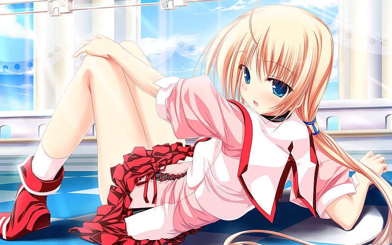 Anime Girl, red, clothes, background, hair, anime, pink, blue, outfit,  skirt, HD wallpaper | Peakpx