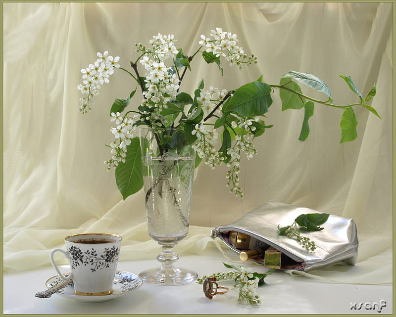 elegante still life 3, still life, art , cup of coffee, white flowers, nesseser, HD wallpaper
