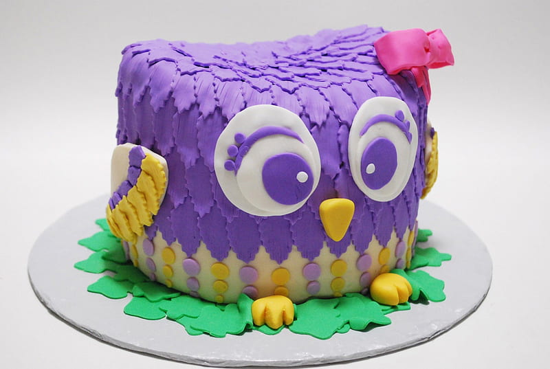 Purple Owl Cake, cake, delicious, layers, frosting, abstract, sweet, bakery, green, purple, pink, HD wallpaper
