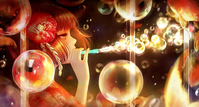 Bubbles, pretty, float circle, bonito, magic, sweet, round, nice, fantasy, anime, blowing, beauty, anime girl, light, bubble, female, lovely, blow, short hair, water, girl, flower, HD wallpaper