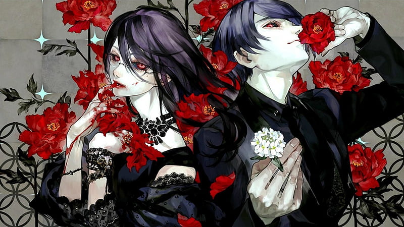 Tokyo Ghoul, red, rose, manga, black, tsukiyama shuu, man, kamishiro rize, blood, girl, flower, vampire, couple, HD wallpaper