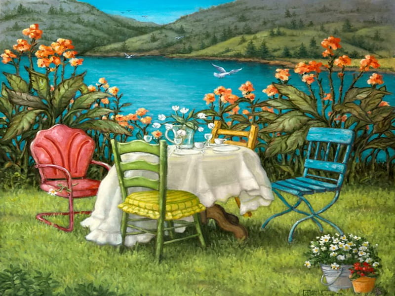 Table for four, pretty, colorful, shore, grass, vase, bonito, mountain, nice, painting, chairs, flowers, company, table, art, rest, lovely, place, birds, spring, lake, freshness, paradise, four, summer, garden, HD wallpaper