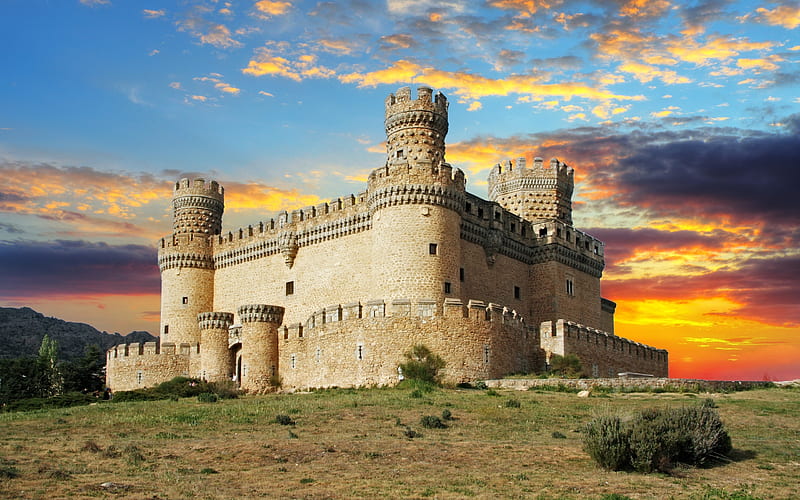 Manzanares el Real Castle, Spain, sunset, medieval, castle, spain, HD wallpaper