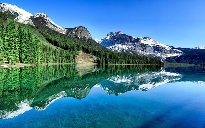 mountain landscape, mountain lake, spring, morning, mountains, beautiful landscape, rocks, Canada, HD wallpaper