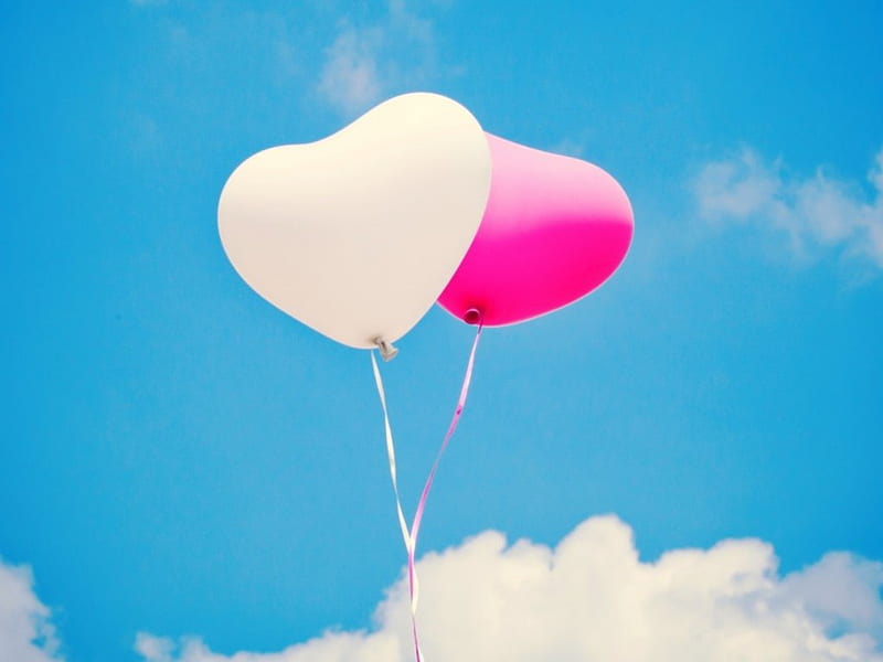 Pink and white heart balloons, heart, balloons, white, clouds, sky, pink, HD wallpaper