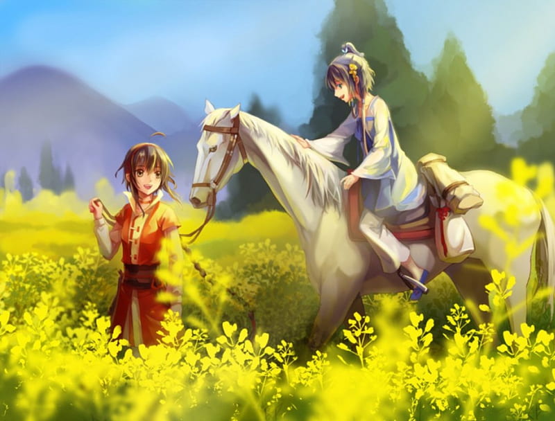 Flower Field, pretty, cg, yellow, sweet, nice, anime, hand, beauty, anime girl, vocaloids, long hair, lovely, vocaloids china, braids, happy, holding, field, luo tianyi, scenic dress, bonito, lower, animal, yuezheng ling, scenery, blue, vocaloid, horse, plain, simple, sundress, scene, HD wallpaper