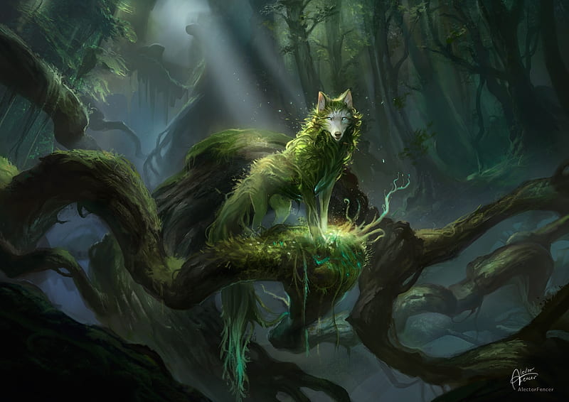 Forest wolf, forest, art, luminos, alectorfencer, animal, fantasy, green, lup, wolf, HD wallpaper