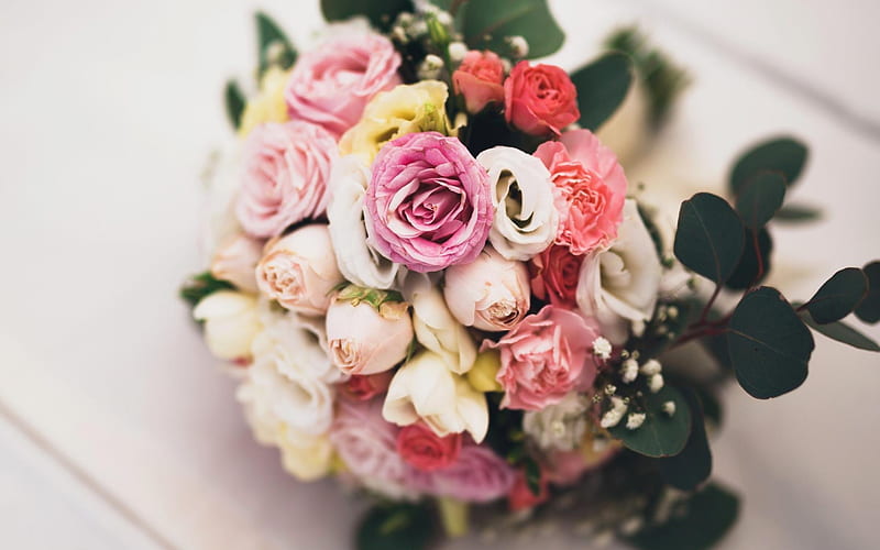 wedding bouquet, multicolored flowers, pink roses, yellow roses, bridal bouquet, HD wallpaper