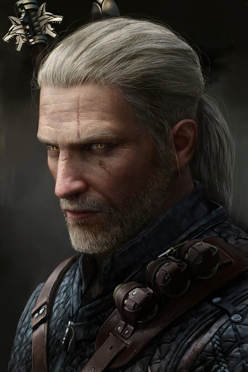 drawing, The Witcher, Geralt of Rivia, men, warrior, silver hair, long hair, ponytail, scars, yellow eyes, looking away, beard, armor, portrait, HD phone wallpaper