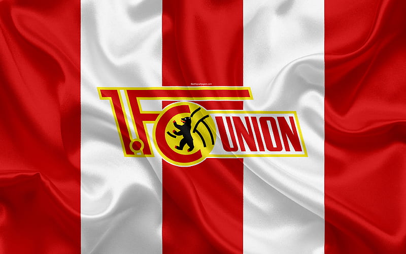 FC Union Berlin red white silk flag, German football club, logo, emblem, 2 Bundesliga, football, Berlin, Germany, Second Bundesliga, HD wallpaper