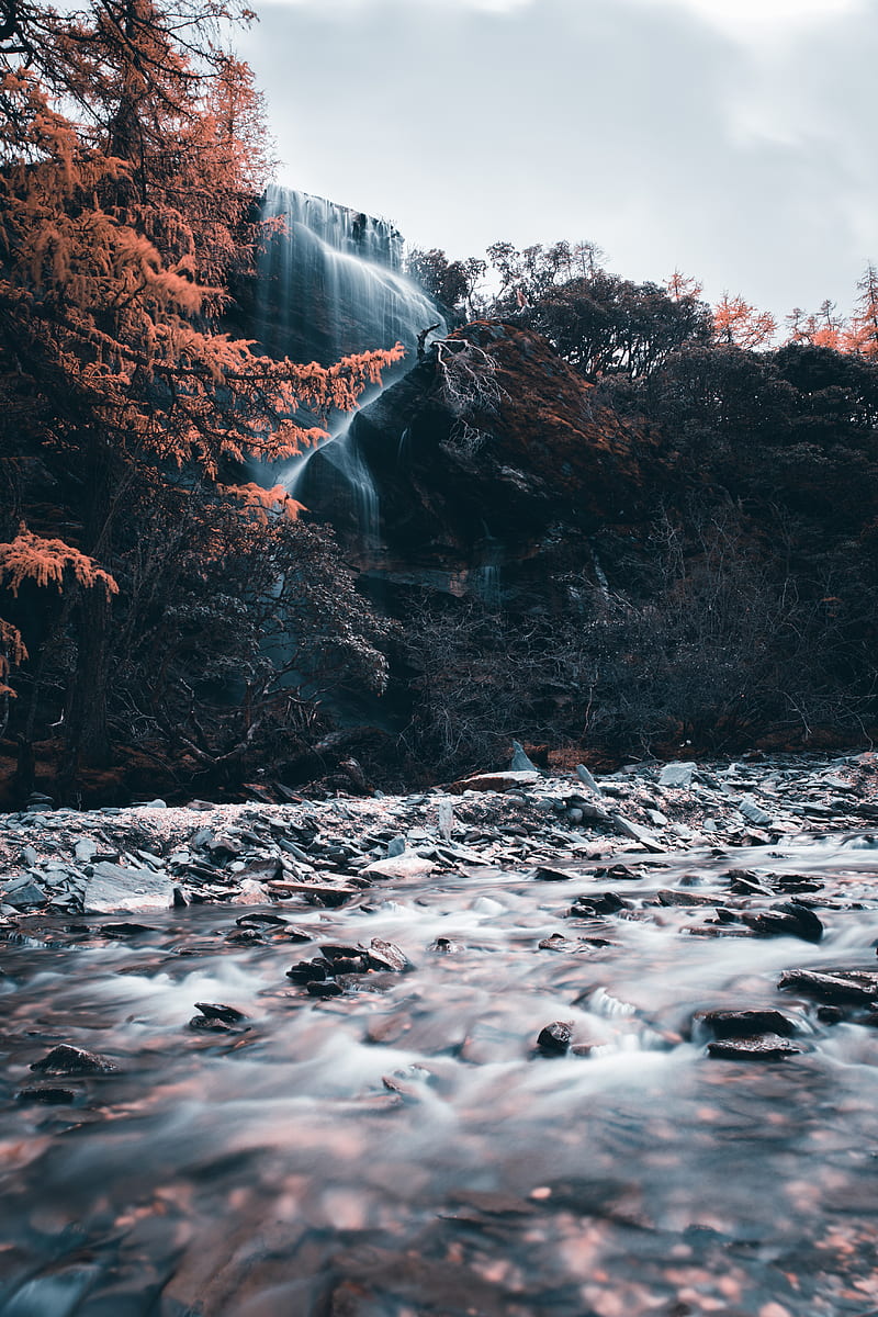 waterfall, river, cliff, water, stones, trees, HD phone wallpaper