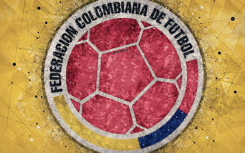 Colombia national football team geometric art, logo, yellow abstract background, emblem, Colombia, football, grunge style, creative art, HD wallpaper
