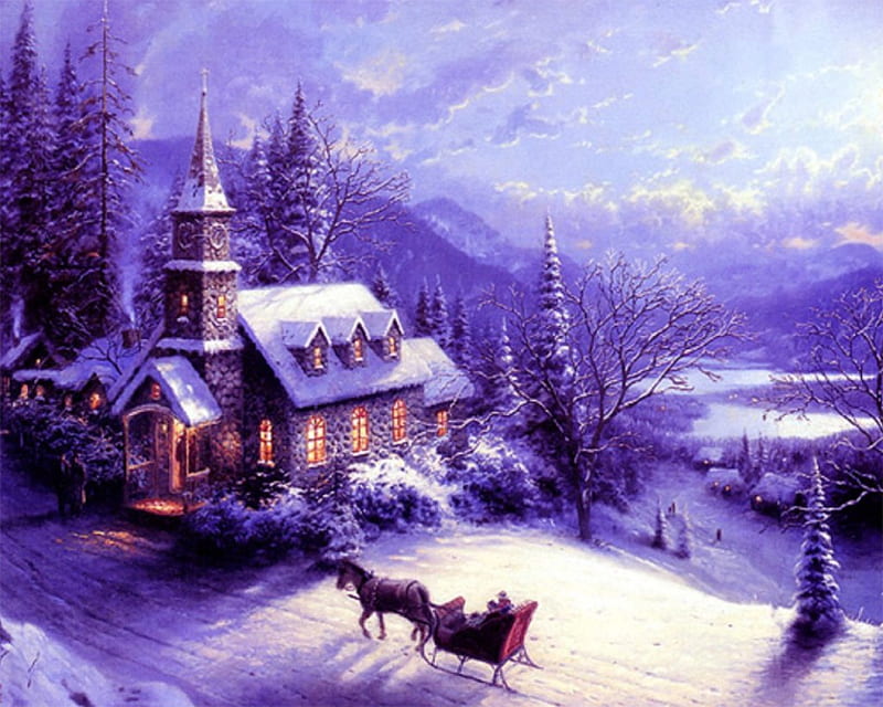 Christmas Joy, snow, entertainment, winter landscape, evening, trees, lights, christmas scenes, carriage, HD wallpaper