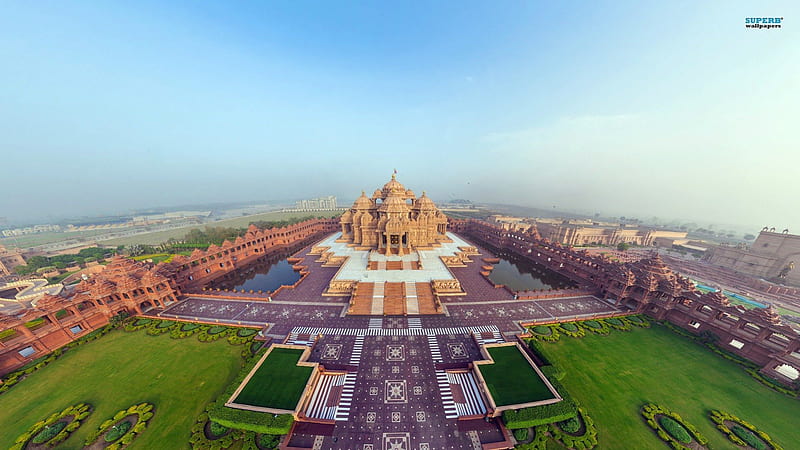 awesome akshardham temple in delhi india, gardens, temple, ponds, city, HD wallpaper