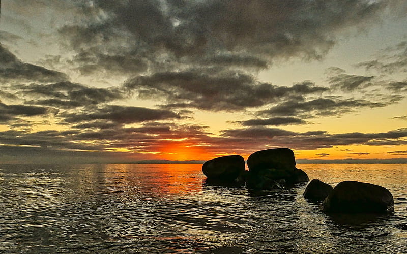 Baltic Sea in Germany, rocks, sunset, Germany, sea, beach, HD wallpaper