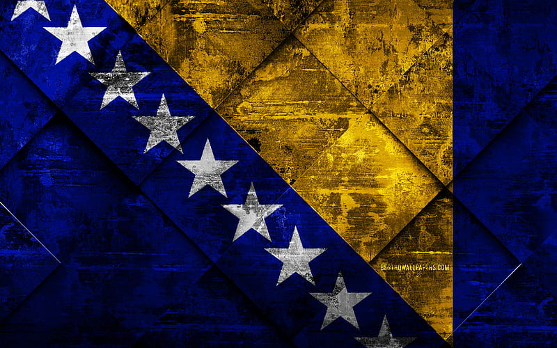 Flag of Bosnia and Herzegovina grunge art, rhombus flag, Bosnia and Herzegovina flag, Europe, national symbols, Bosnia and Herzegovina, creative art, HD wallpaper