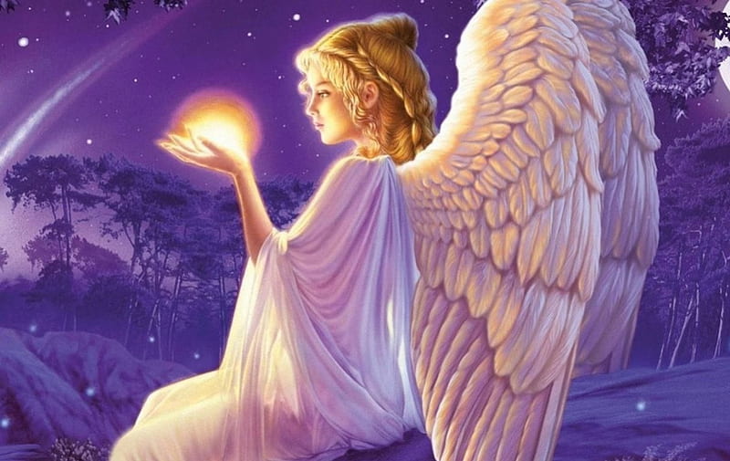 Angel Holding Light Of Truth, red, wings, brown, angel, yellow, purple, white, pink, light, HD wallpaper