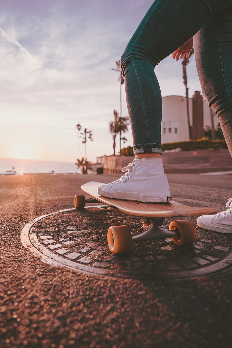 skateboard, sunset, sneakers, ground, esports, HD phone wallpaper