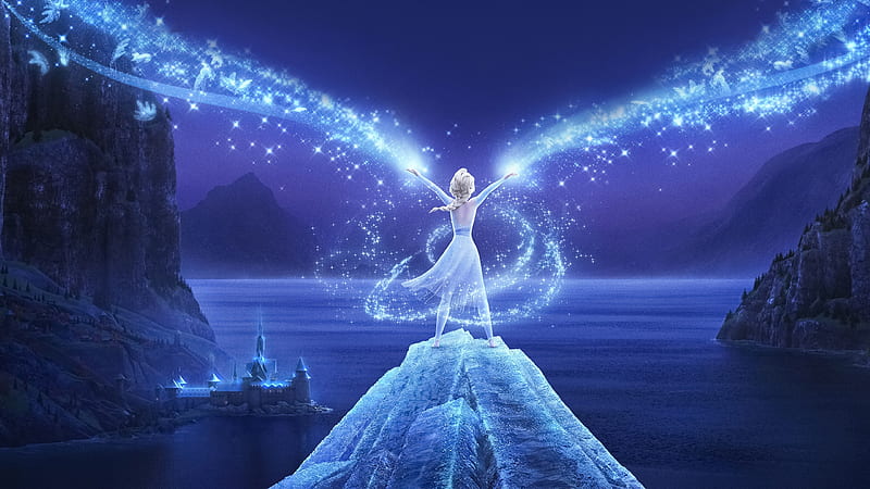Frozen 2 (2019), disney, blue, poster, luminos, elsa, movie, queen, water, fantasy, girl, snow queen, ice, magical, frozen 2, HD wallpaper