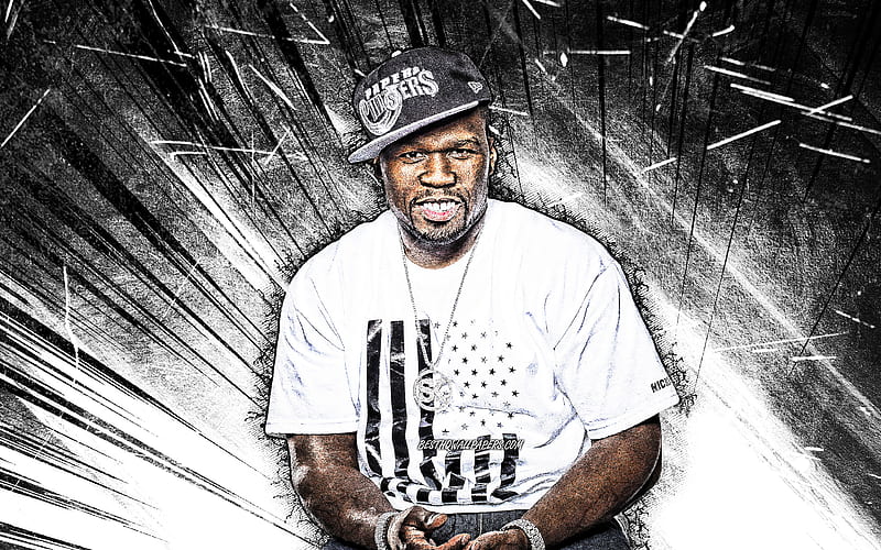 50 Cent, white abstract rays american rapper, music stars, Curtis Jackson, grunge art, american celebrity, fan art, creative, 50 Cent, HD wallpaper