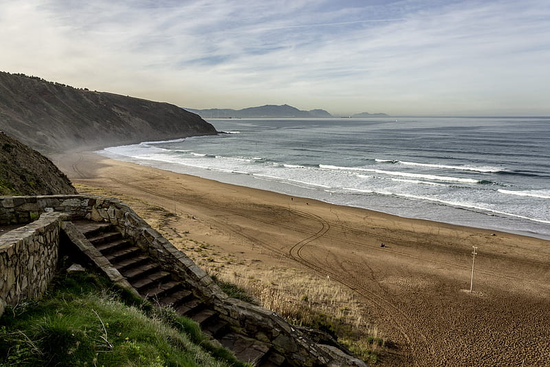 beach, ocean, cliff, dusk, horizon, stairs, seashore, sand, waves, Landscape, HD wallpaper