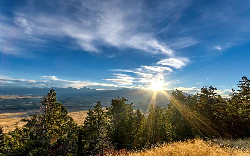 Sunset over the Mission Mountains from the National Bison Range, landscape, sun, Montana, usa, trees, sky, HD wallpaper