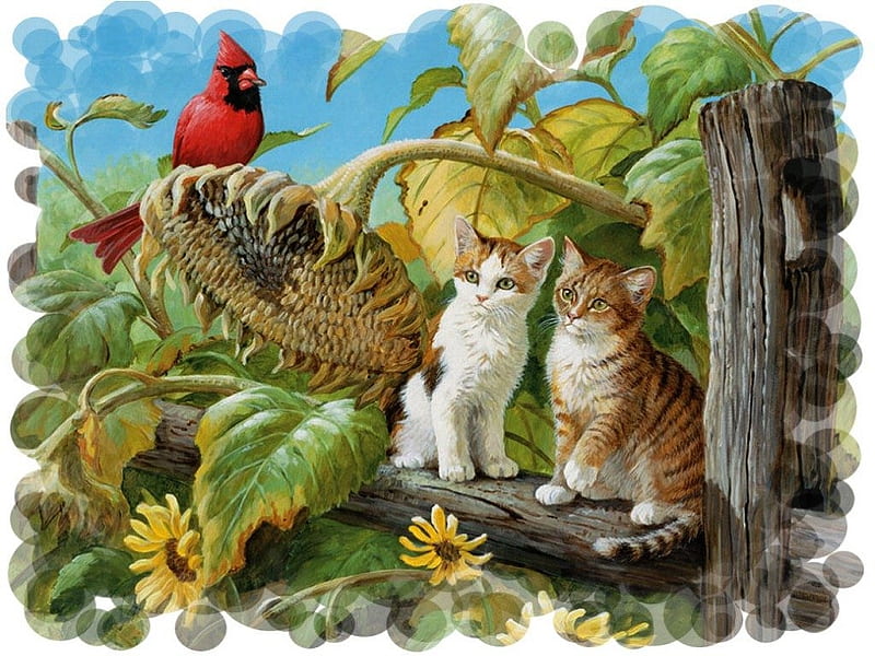 cats-art-animal-pet-kittens-cat-artwork-feline-painting-sunflower-background, Vogel, Deutschland, Blumen, Katze, HD wallpaper