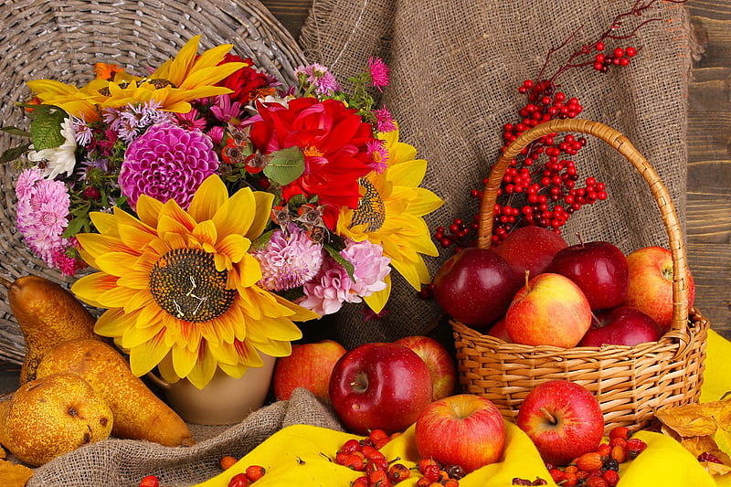 Autumn plenty, pretty, colorful, fall, autumn, lovely, apples, fruits, vase, bonito, foliage, still life, leaves, sunflowers, bouquet, plenty, flower, HD wallpaper