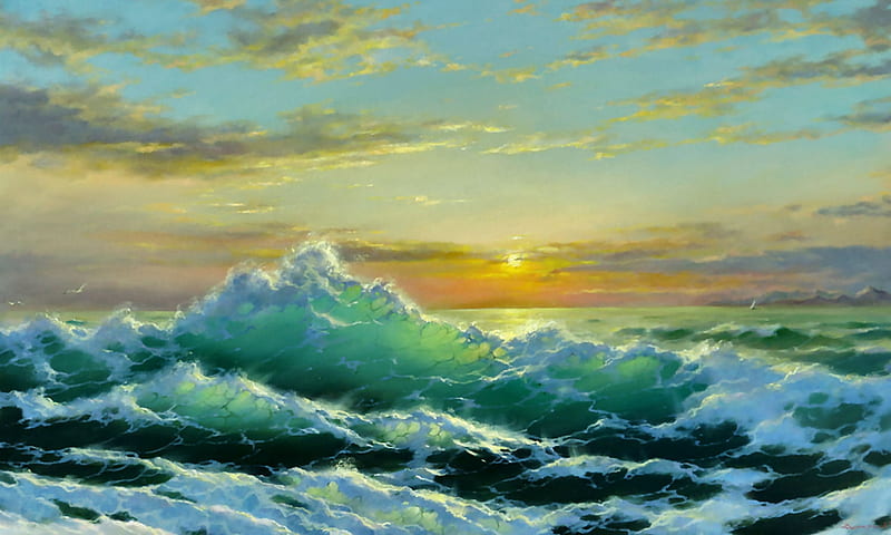 On Sunrise F, art, ocean, bonito, waves, artwork, sea, high seascape, painting, wide screen, sunrise, scenery, HD wallpaper