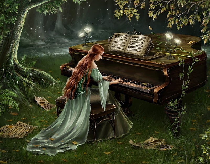 Forest Piano, forest, girl, play, music, HD wallpaper | Peakpx
