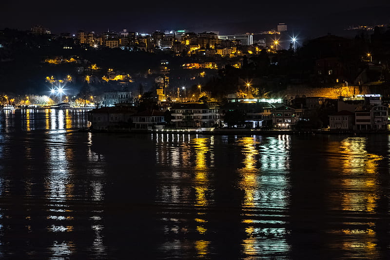 night city, city lights, coast, reflection, light, istanbul, turkey, HD wallpaper