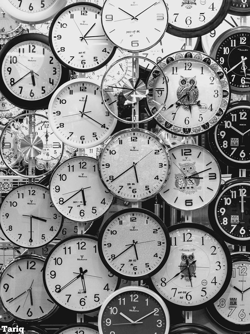 Tariq collection , clock, clocks, black and white, black, white, HD phone wallpaper